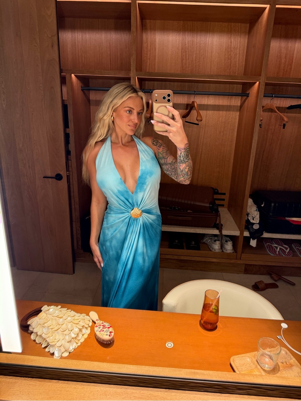 SHEIN Blue Halter Backless Maxi Dress with Gold Accent